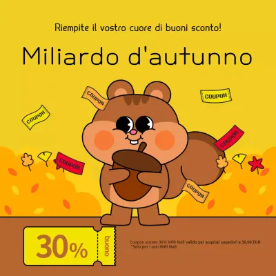 Un annuncio autunnale pop-artistico di offerte di coupon in giallo e marrone