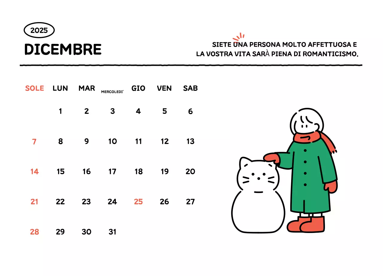 Calendario illustrato con un grazioso stile di linee