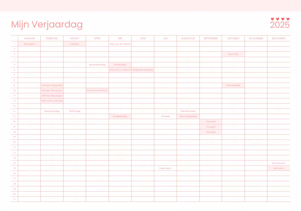 Pink Baby Verjaardagskalender voor 365 dagen