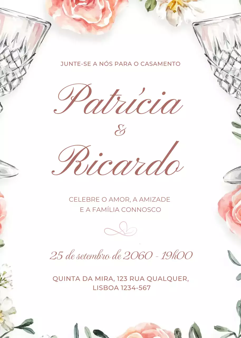 Convite de casamento rosa branco estilo elegante