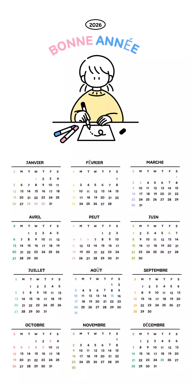 Calendrier illustré avec un joli style de lignes