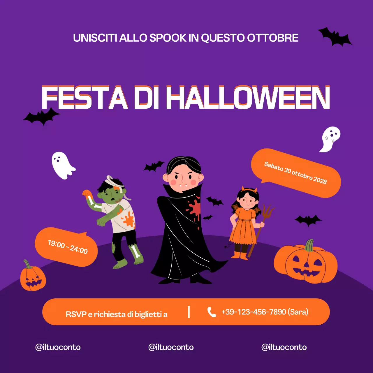 invito alla festa di Halloween viola piazza social media