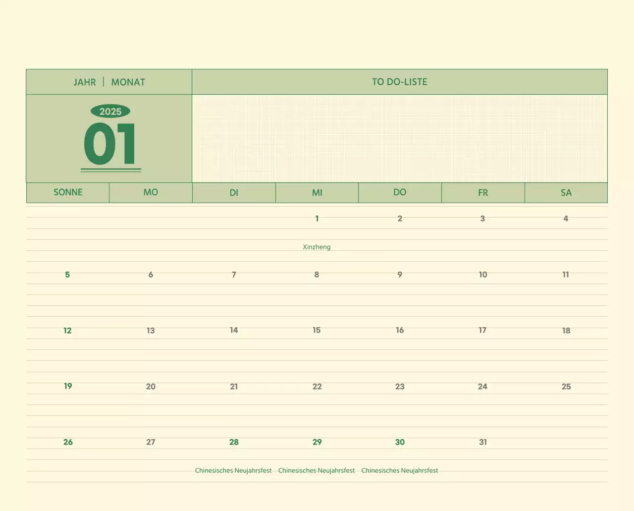 SAT D-Day Notizblock Konzept Wandkalender in grün und hellgelb