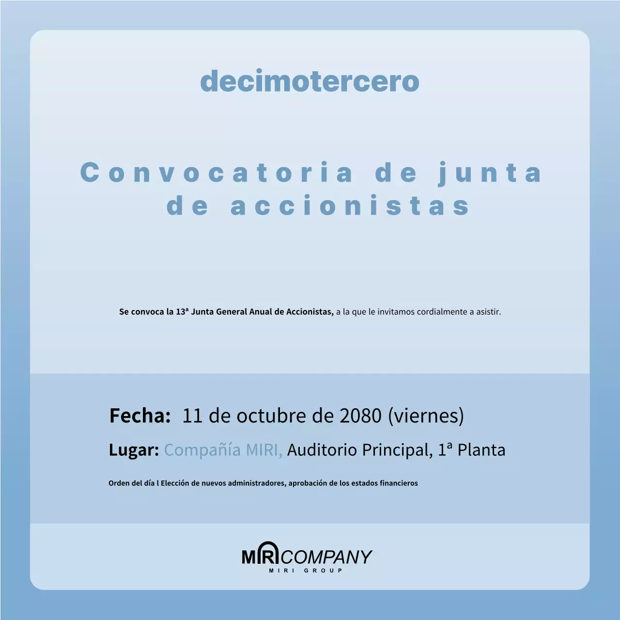 Azul claro limpio anuncio de junta de accionistas