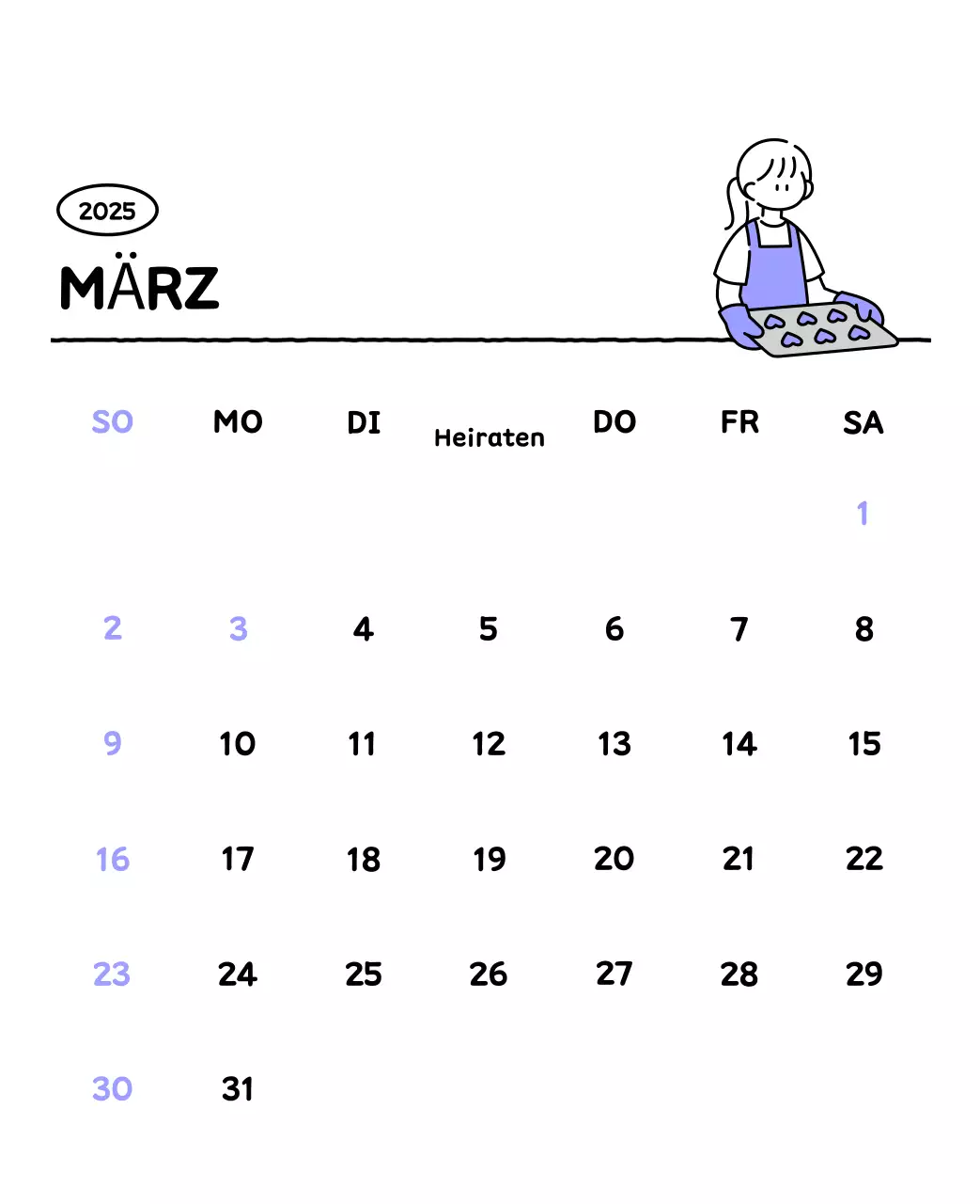 Illustrierter Kalender mit schönem Linienstil