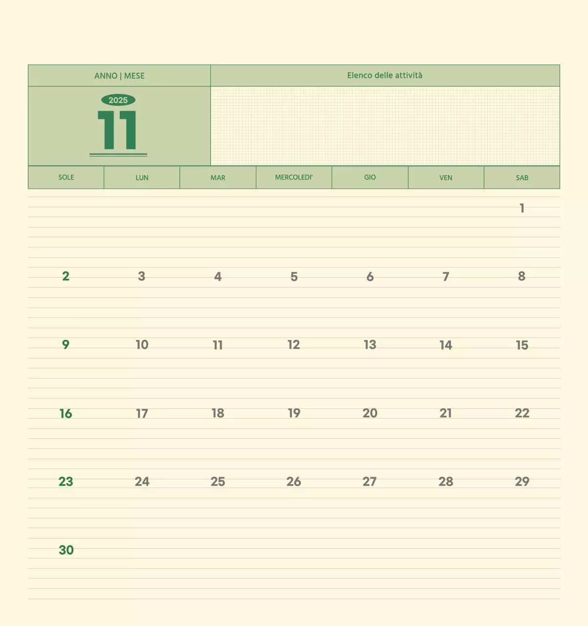 Calendario da parete SAT D-Day concept in verde e giallo chiaro