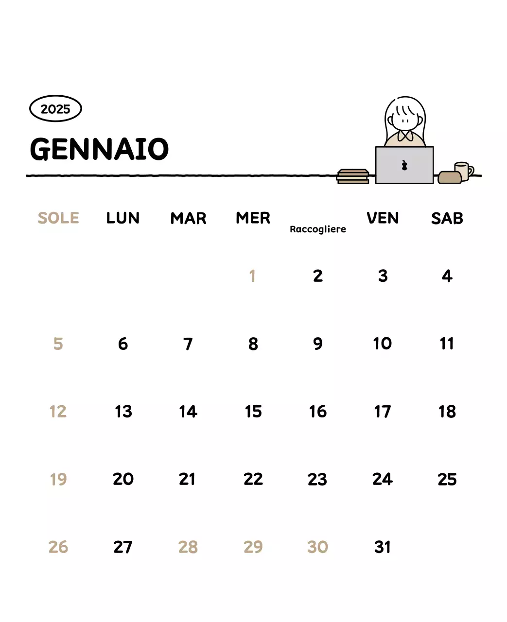 Calendario illustrato con un grazioso stile di linee