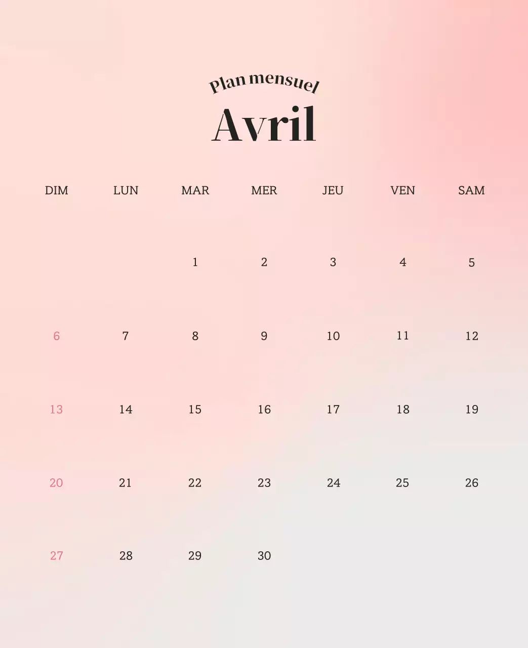 Calendrier minimaliste dégradé