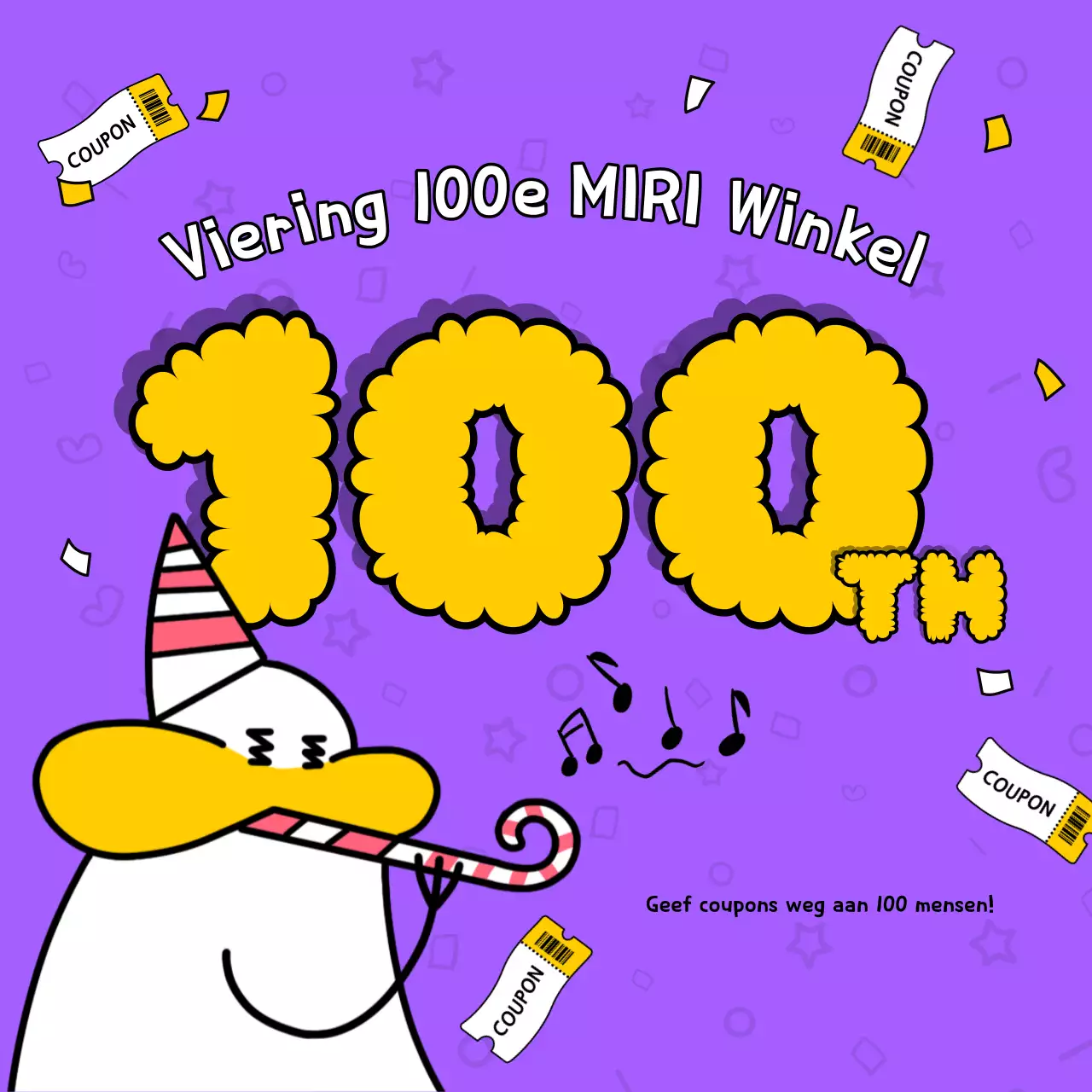 Een pop-art paars met gele reclame voor een coupon weg te geven om de 100e winkel te vieren.