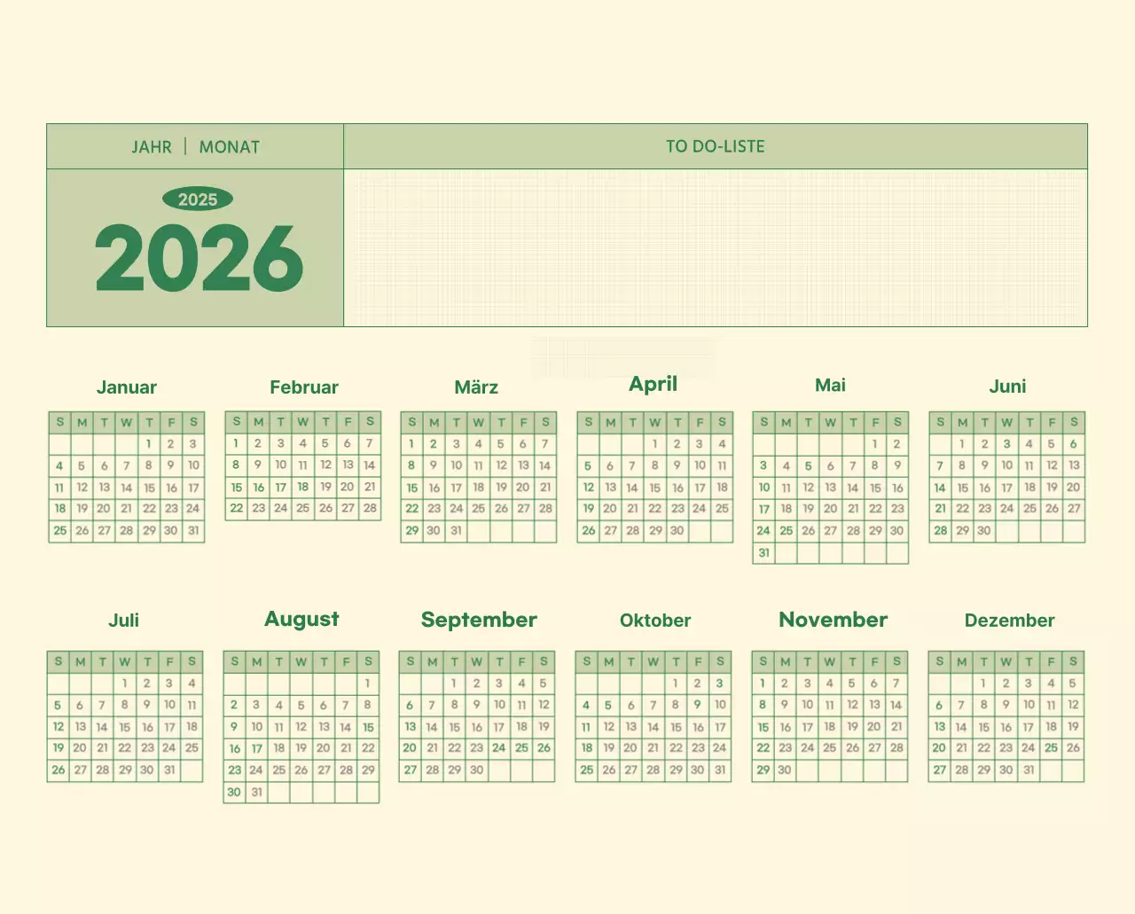 SAT D-Day Notizblock Konzept Wandkalender in grün und hellgelb
