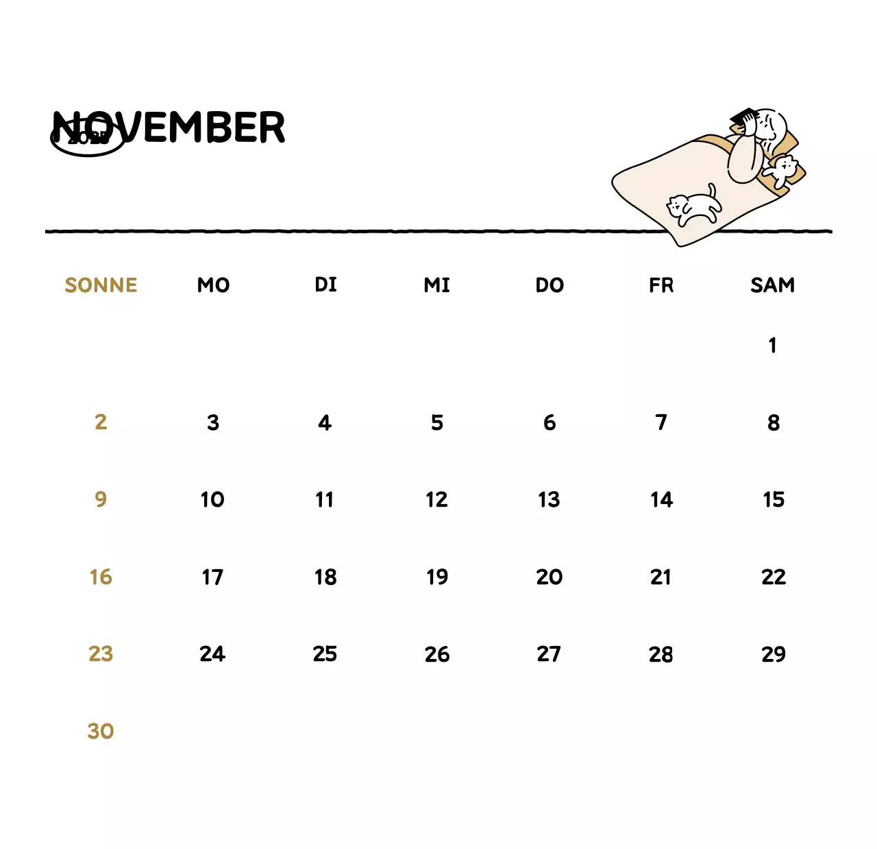 Illustrierter Kalender mit schönem Linienstil