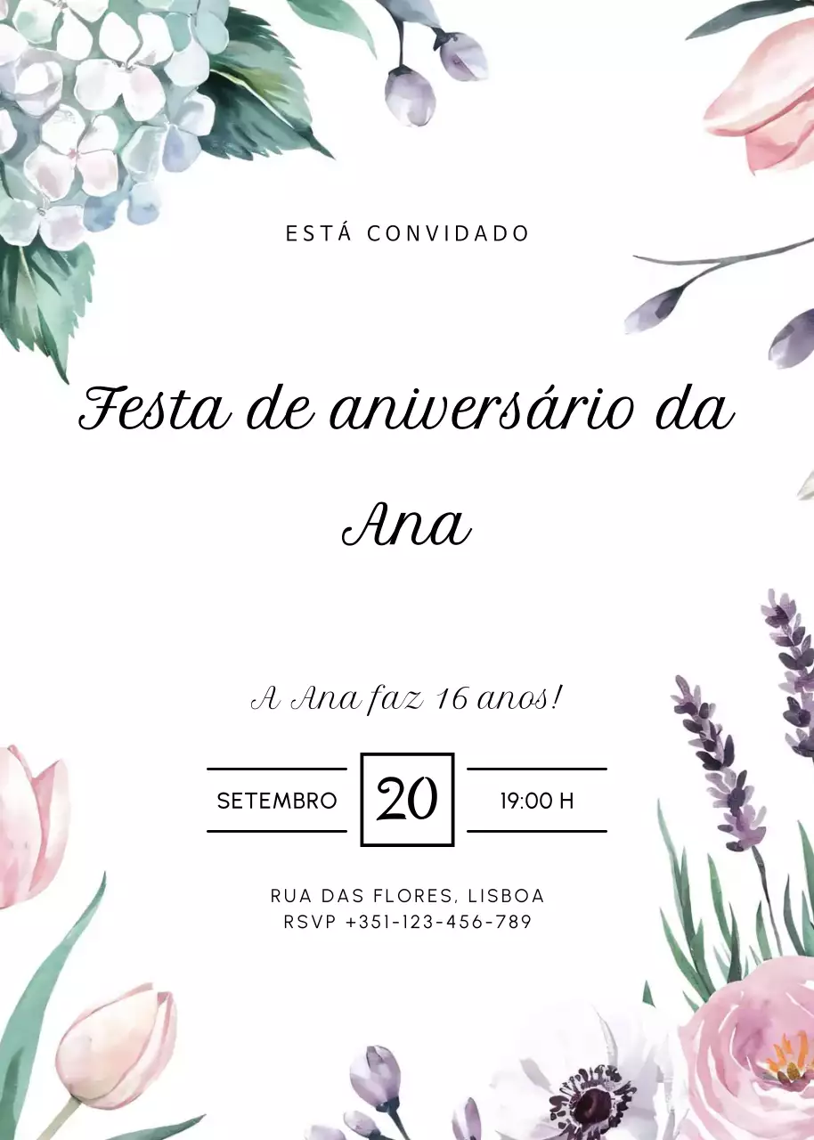 convite de aniversário floral branco