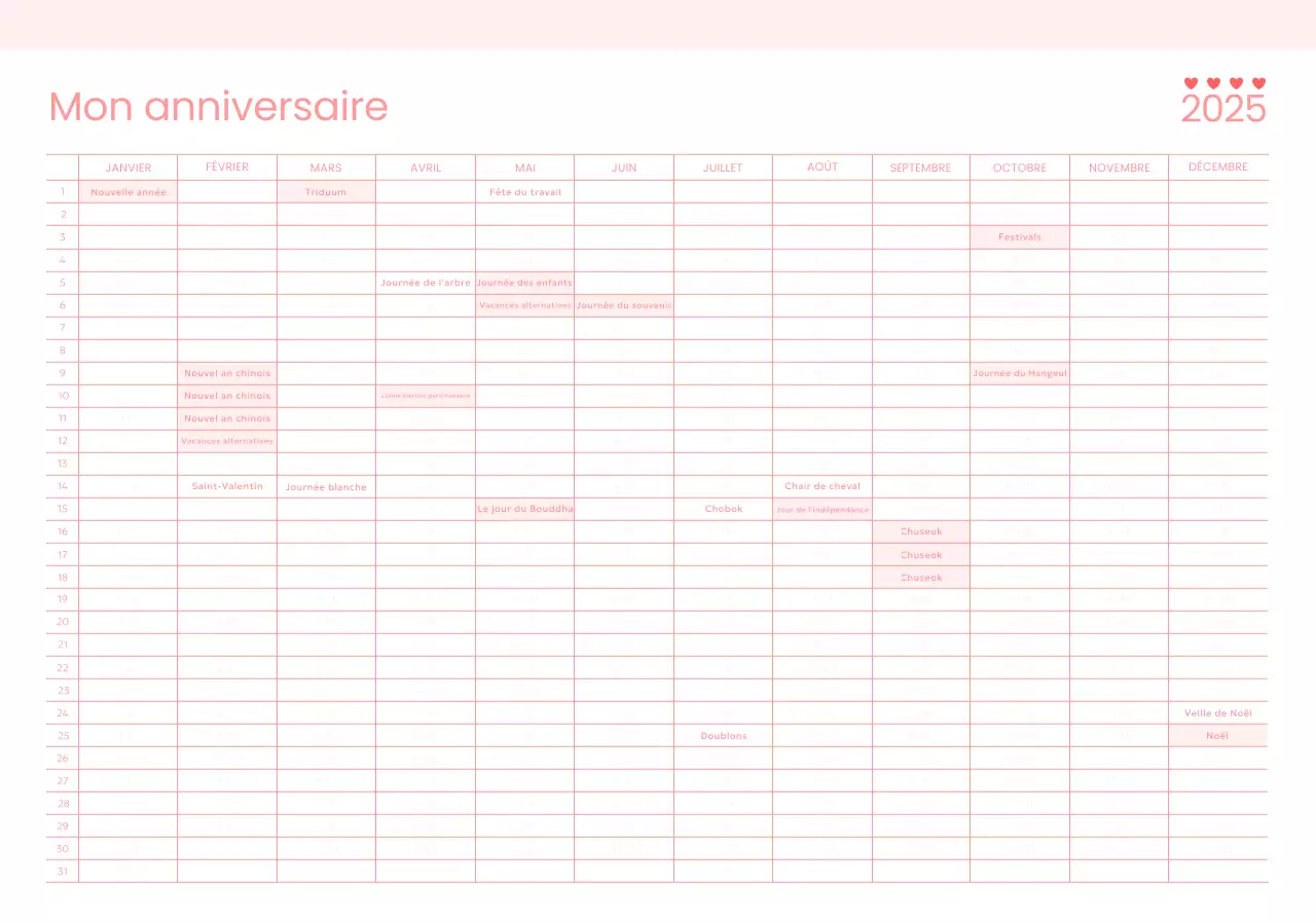 Pink Baby Calendrier anniversaire simple de 365 jours