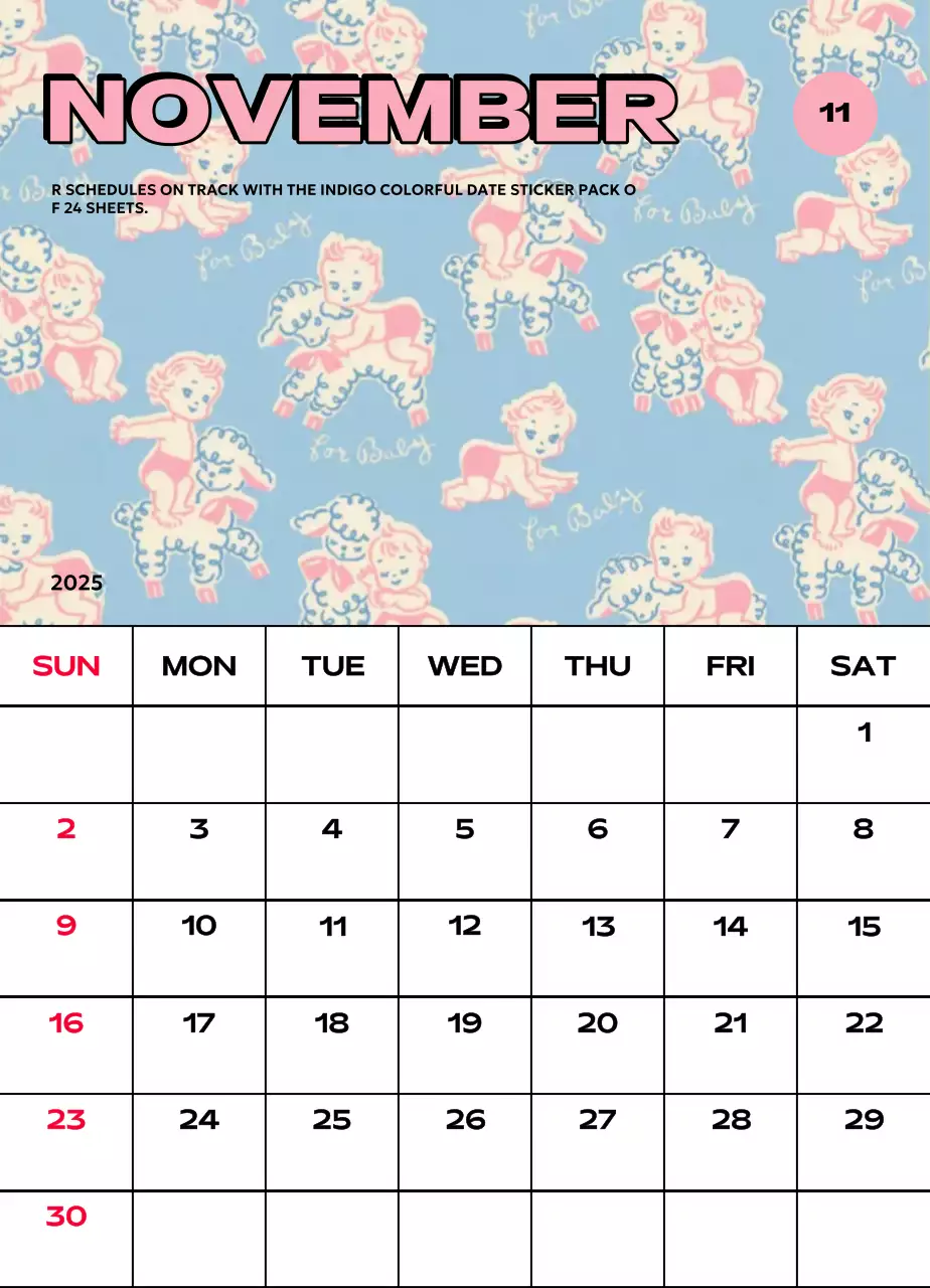 Kalender penuh warna dengan berbagai ilustrasi retro