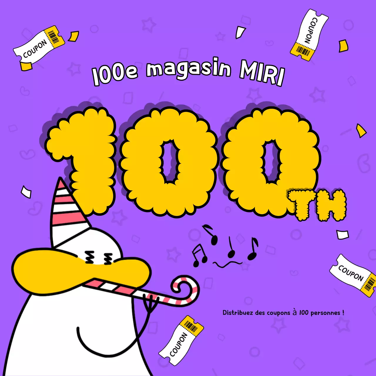 Une publicité pop-art en violet et jaune pour une offre de coupons à l'occasion du 100e magasin.