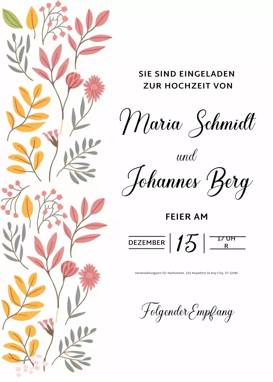 beige geblümte Hochzeitseinladung