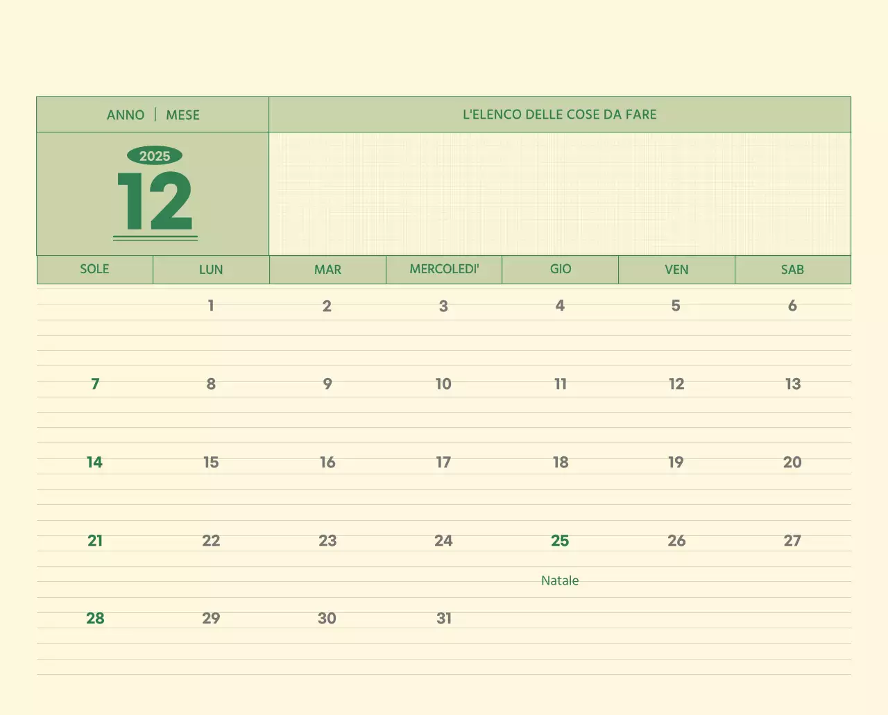 Calendario da parete SAT D-Day concept in verde e giallo chiaro