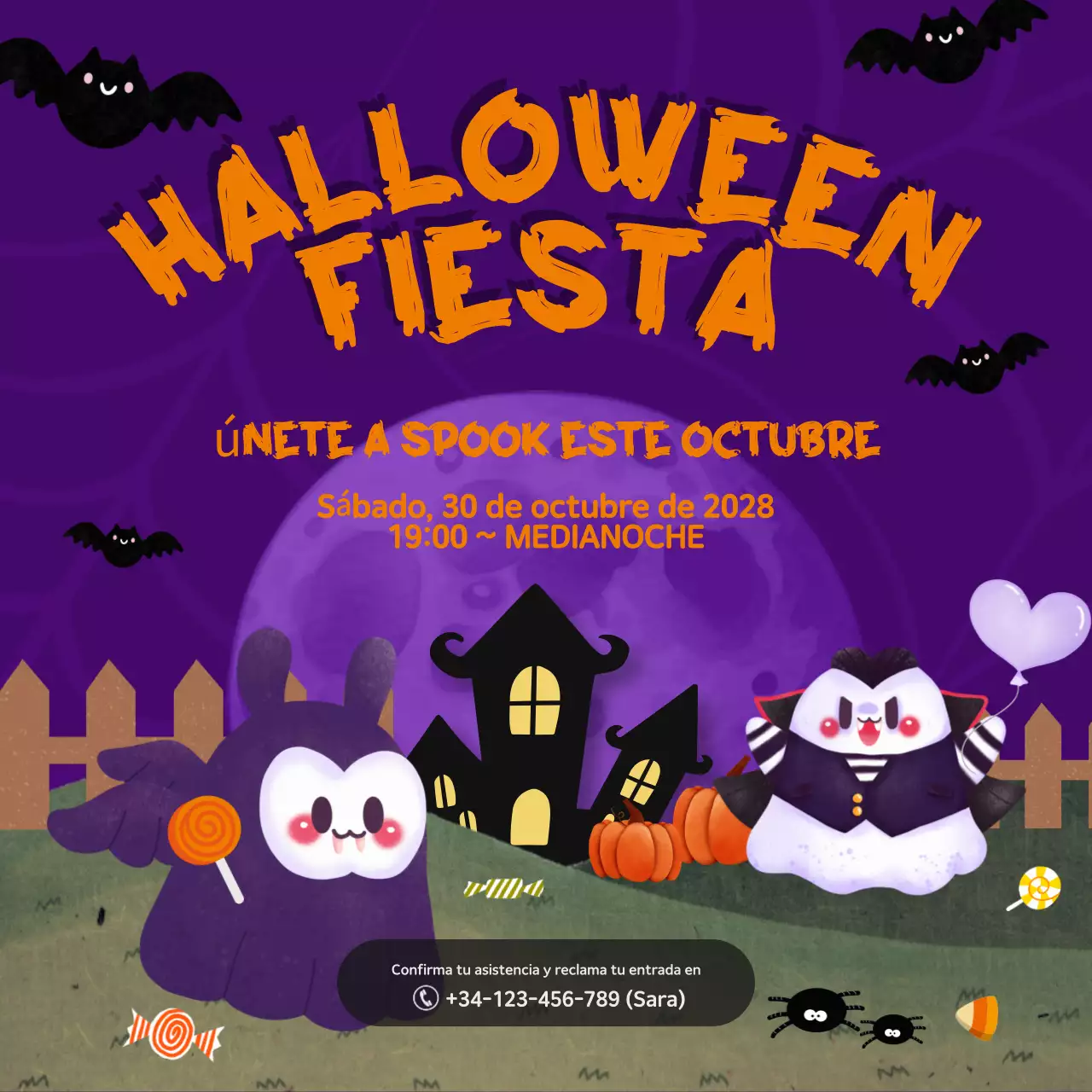 Púrpura y naranja Illustrative Halloween Party Instagram Post