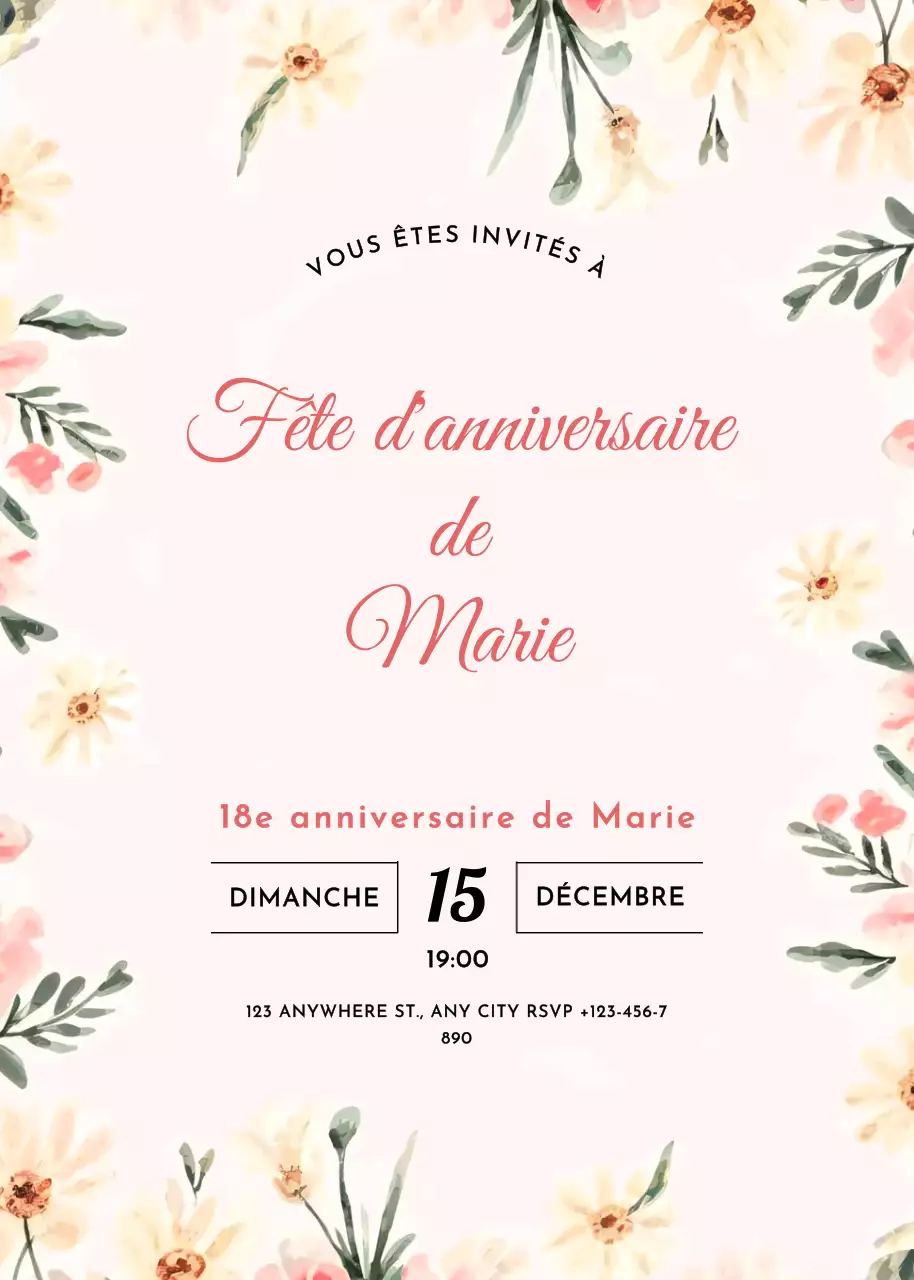 invitation d'anniversaire fleurie rose