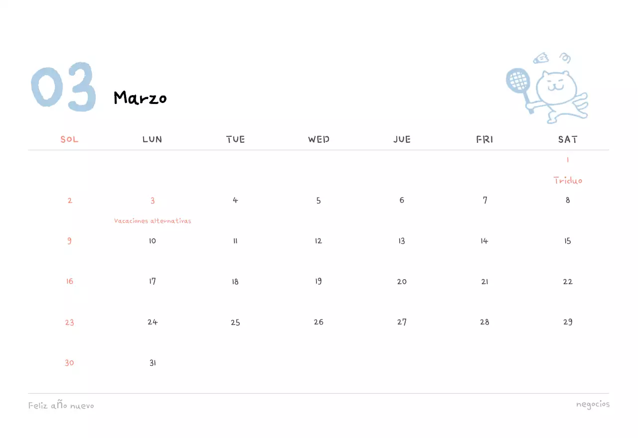 Calendario diario en marfil