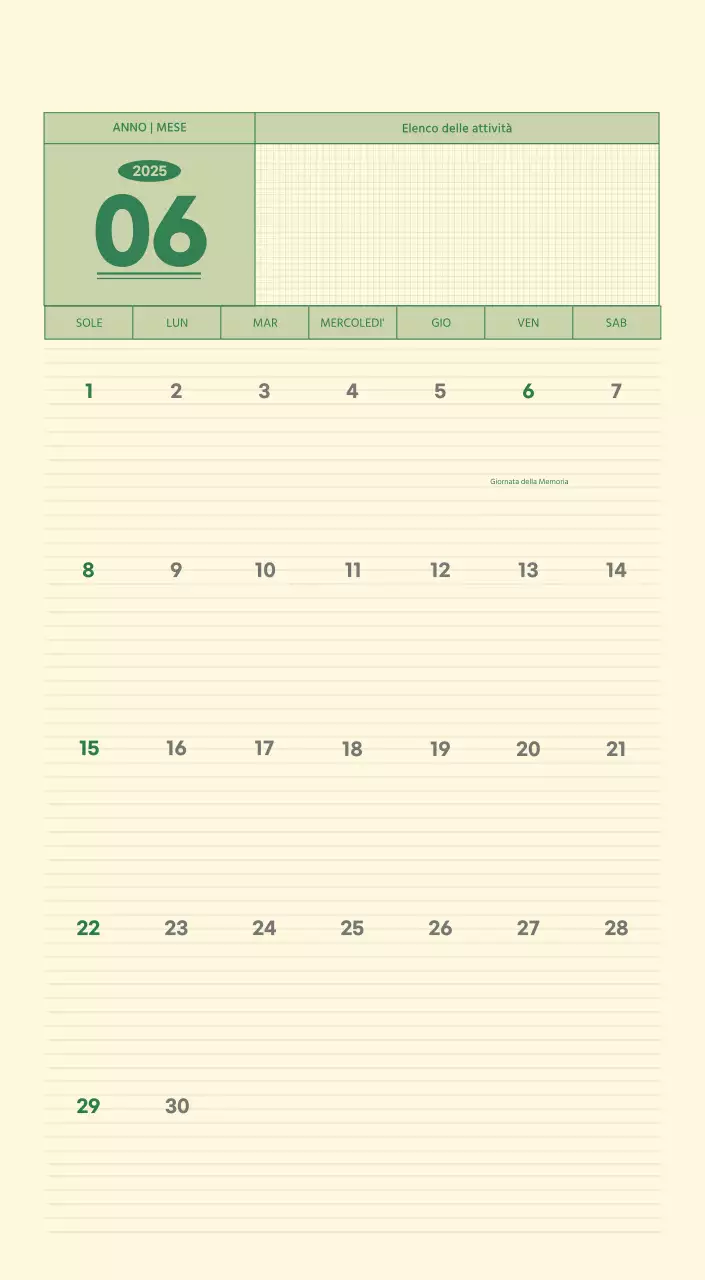 Calendario da parete SAT D-Day concept in verde e giallo chiaro