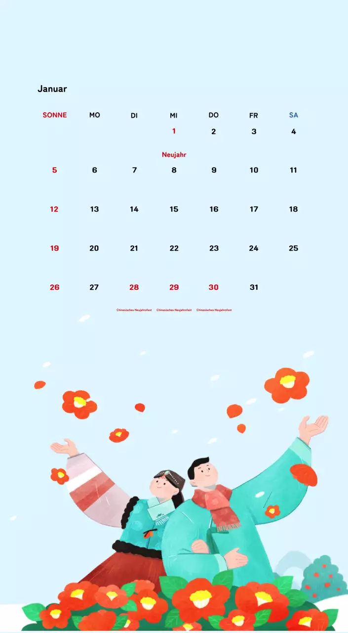 Neujahrskalender mit warmen Illustrationen
