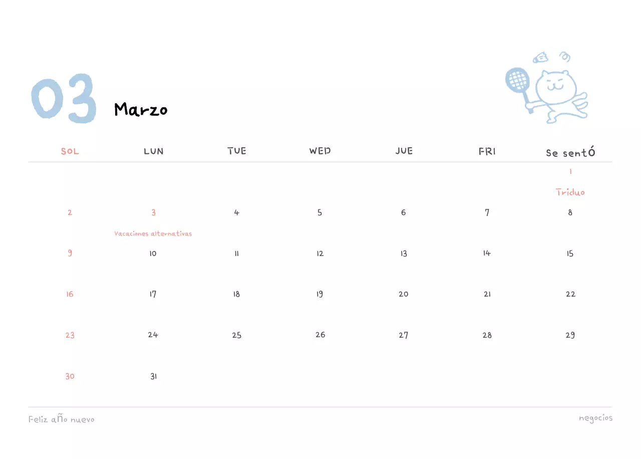 Calendario diario en marfil