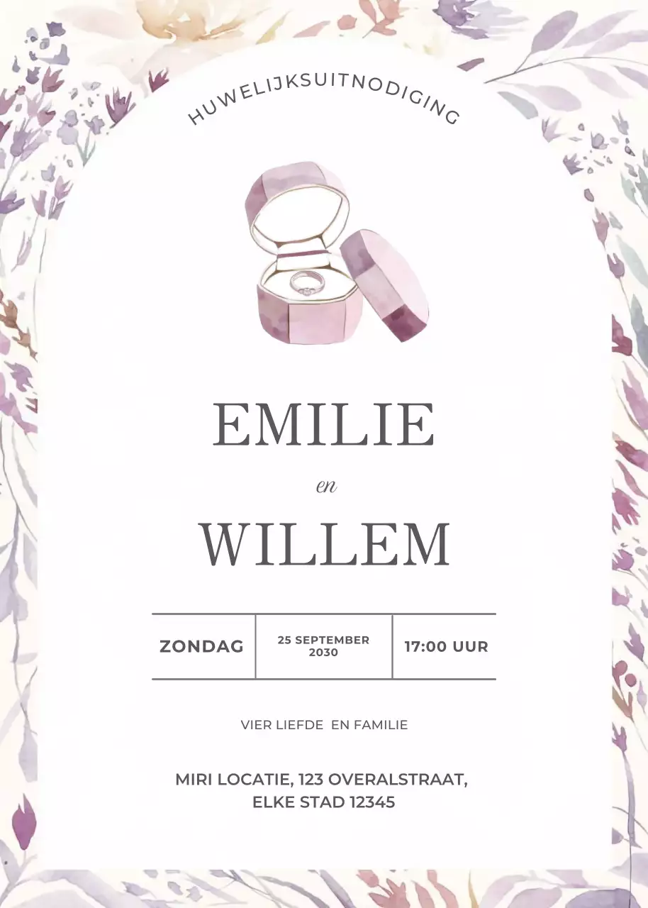 Paarse huwelijksuitnodiging elegante stijl