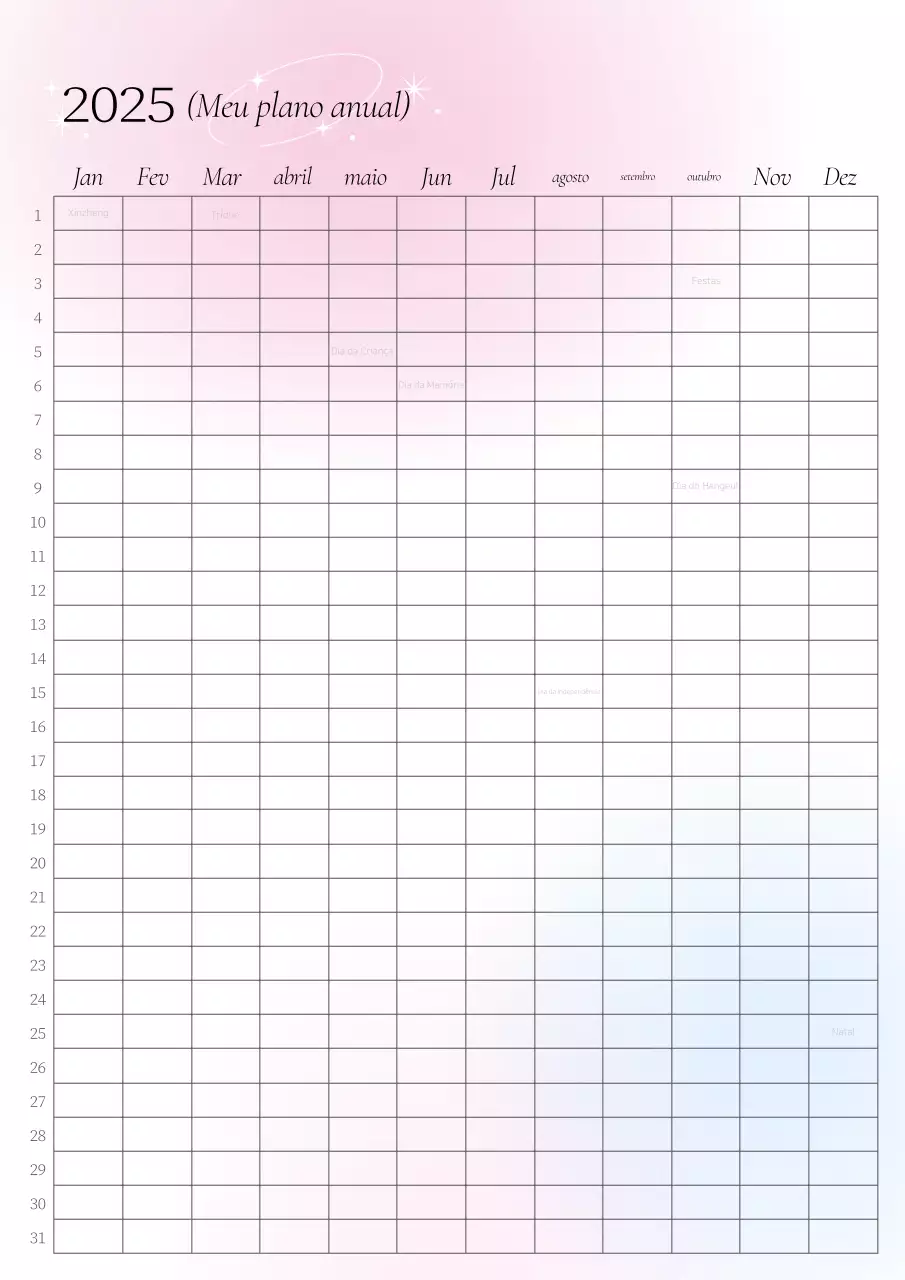 Calendário anual com gradiente cor-de-rosa