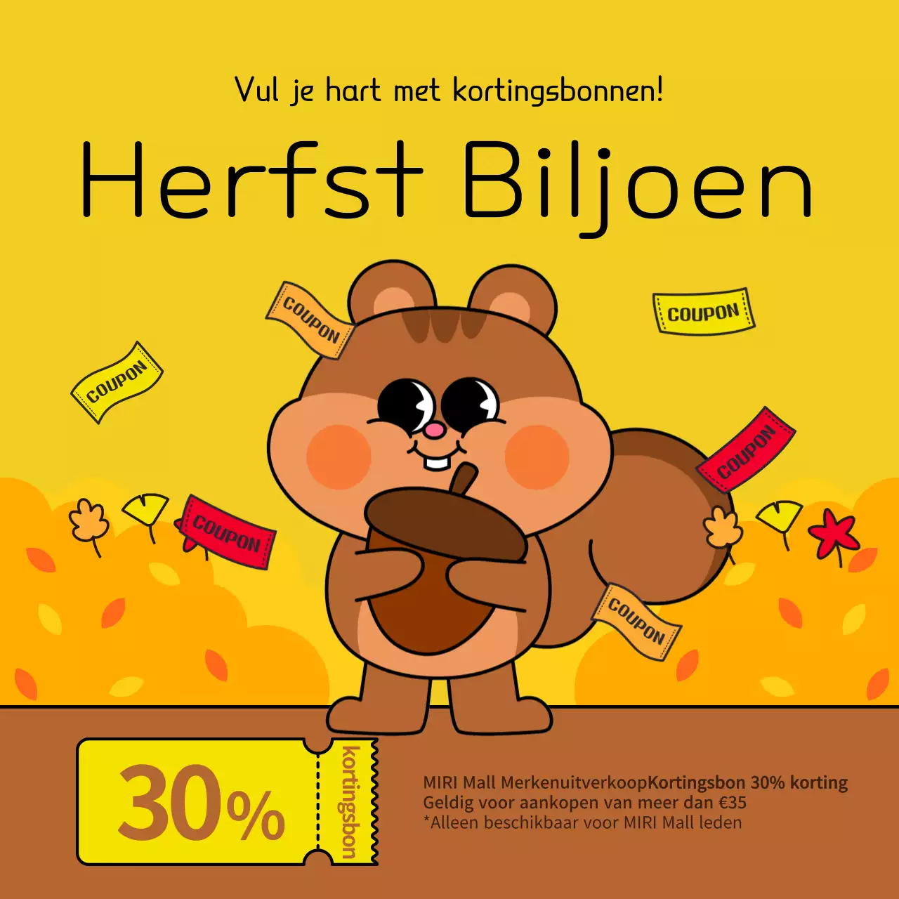 Een pop-artistische herfst coupon advertentie in geel en bruin
