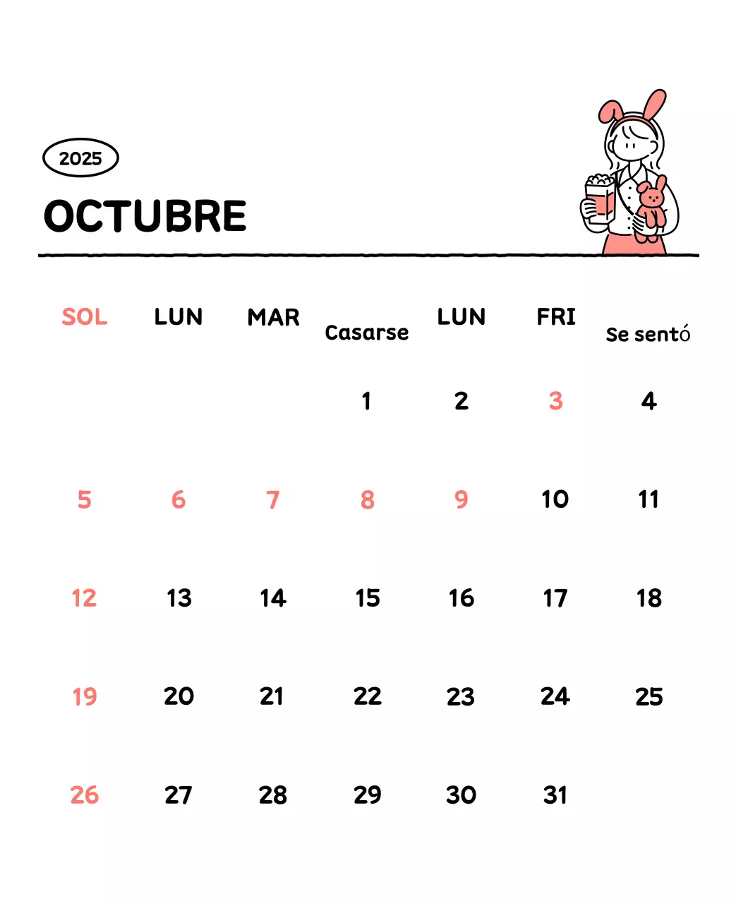 Calendario ilustrado con un bonito estilo de líneas