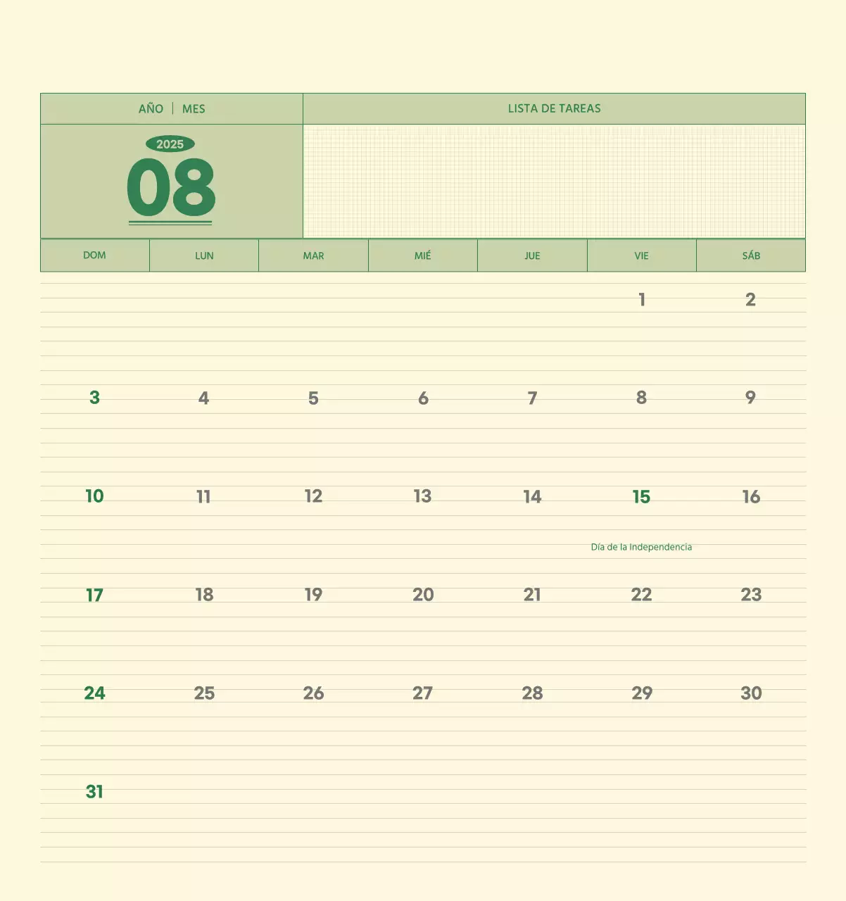 SAT Calendario de pared con concepto de bloc de notas del Día D en verde y amarillo claro