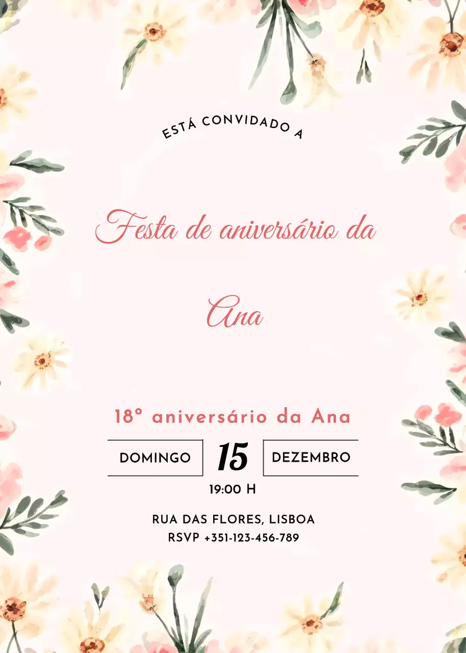 convite de aniversário floral cor-de-rosa