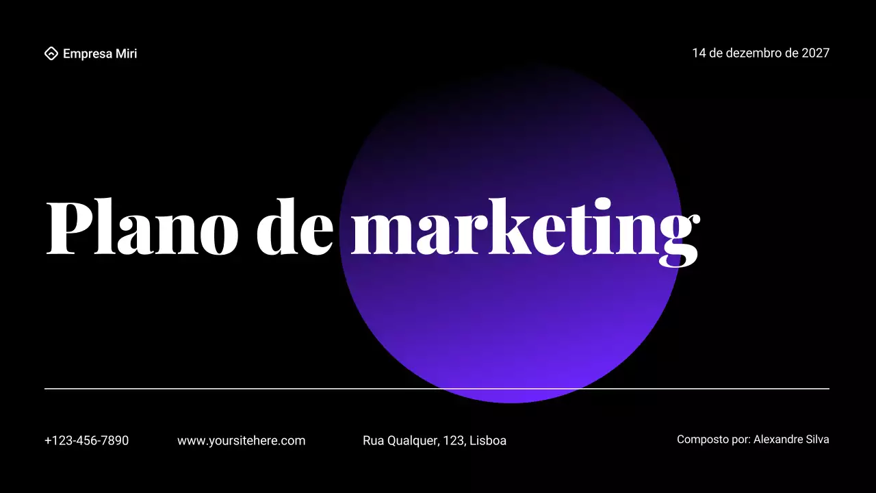 Apresentação do plano de marketing com gradiente preto e roxo