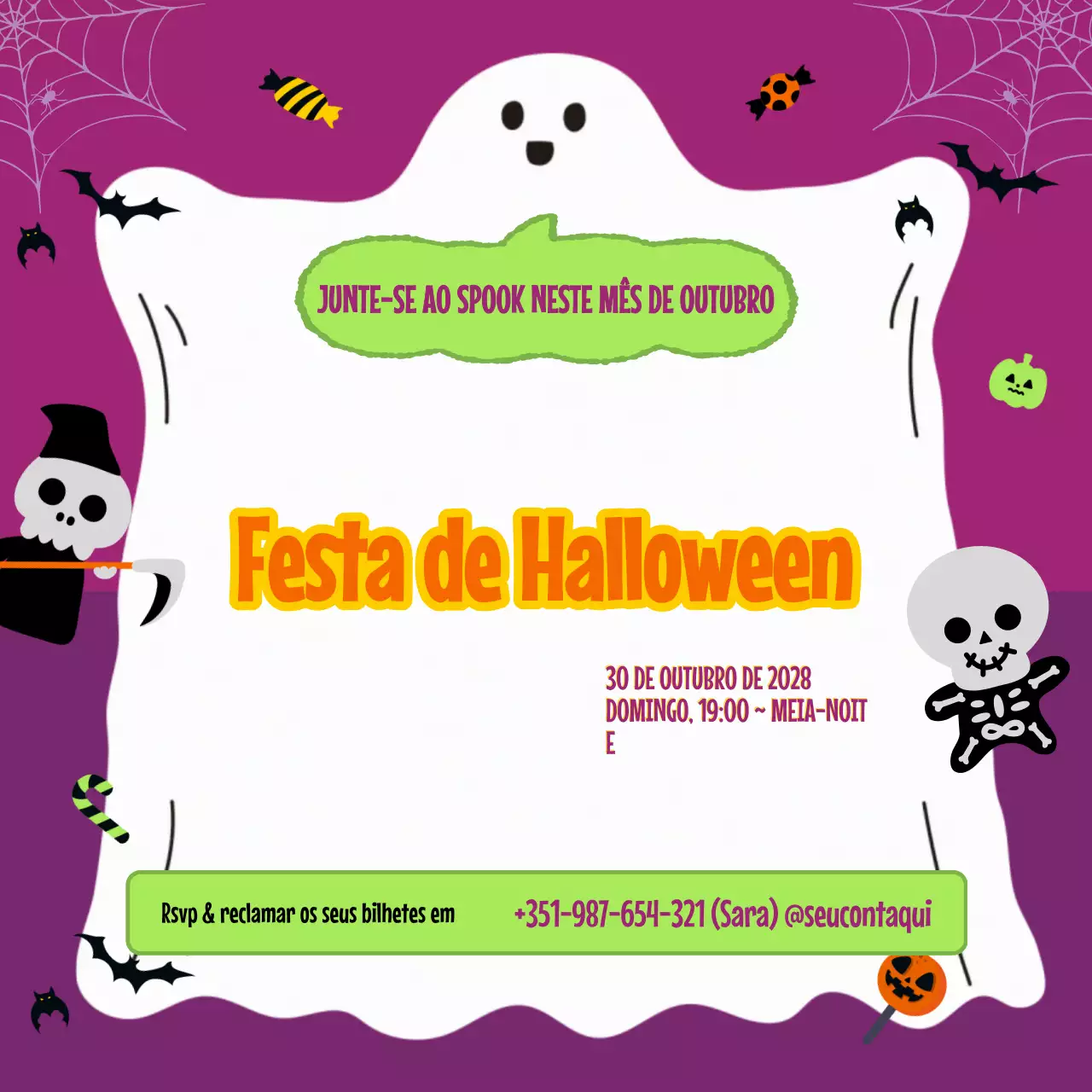 Convite de Halloween roxo e retro para redes sociais Quadrado