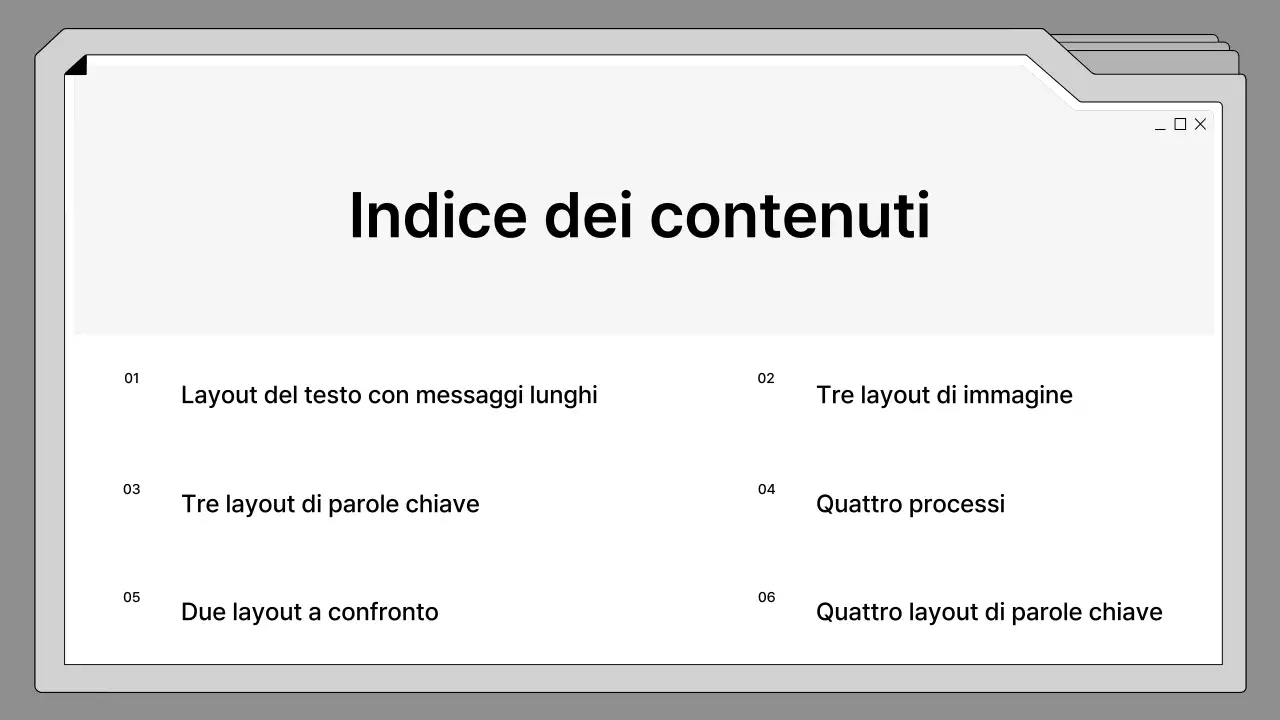 Proposta in bianco e nero, ordinatamente incorniciata in una cornice per fascicoli