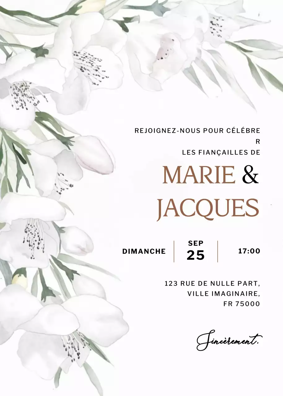 Invitation de fiançailles élégante et blanche