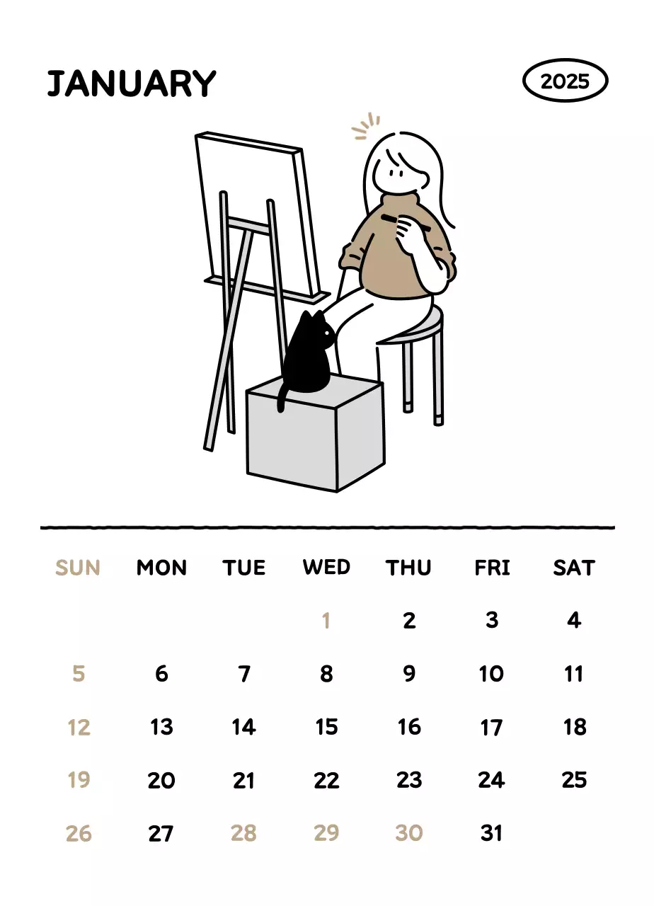 Kalender bergambar dengan gaya garis yang cantik