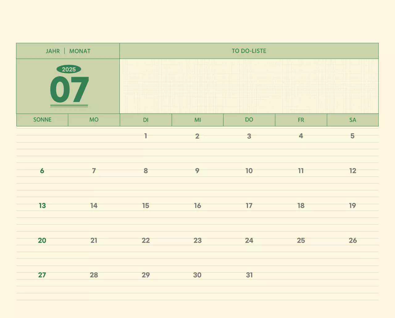 SAT D-Day Notizblock Konzept Wandkalender in grün und hellgelb