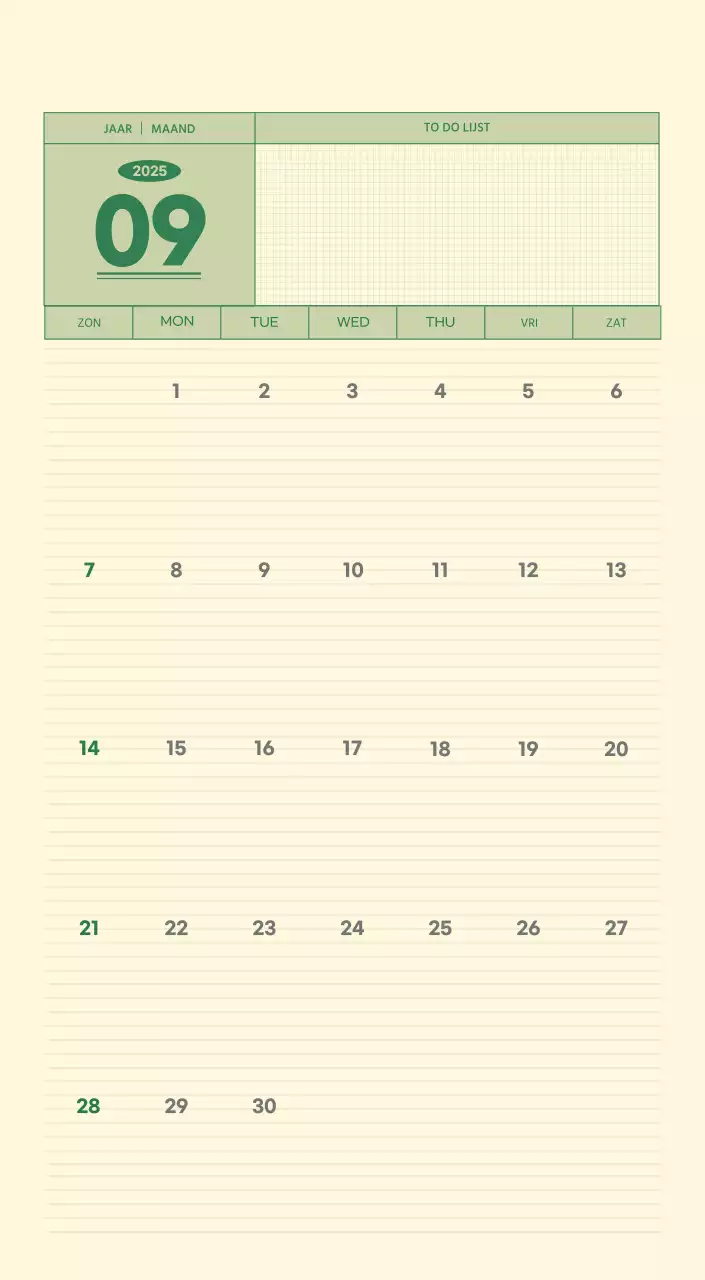 SAT D-Day notitieblok concept wandkalender in groen en lichtgeel