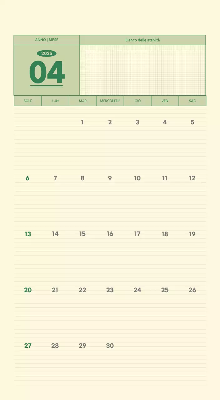 Calendario da parete SAT D-Day concept in verde e giallo chiaro