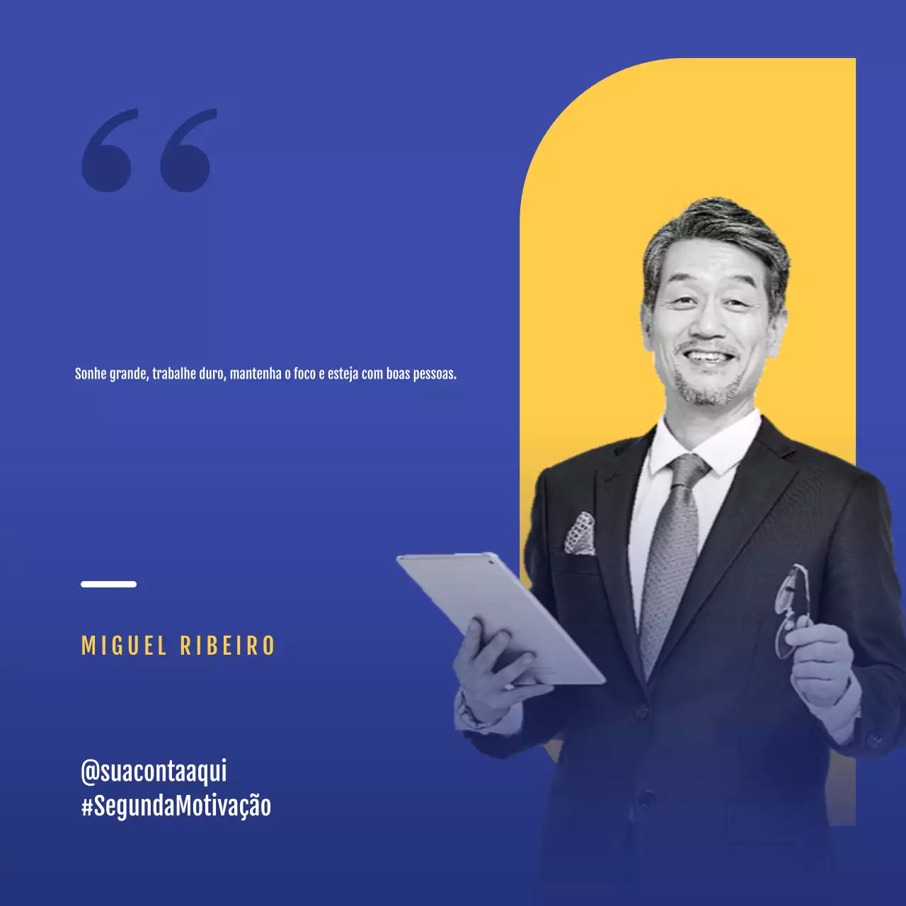 Citações motivacionais modernas em amarelo e azul