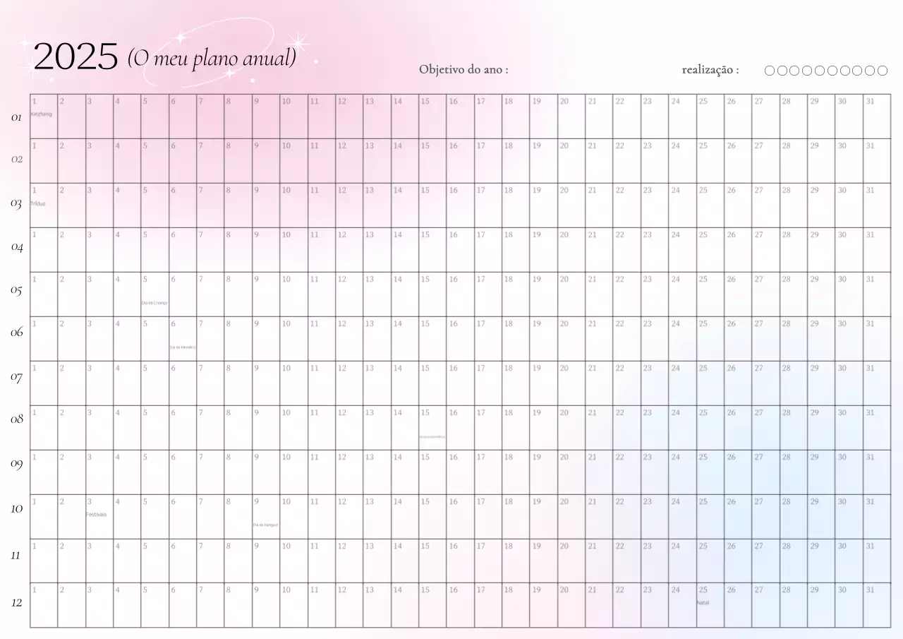 Calendário anual com gradiente cor-de-rosa