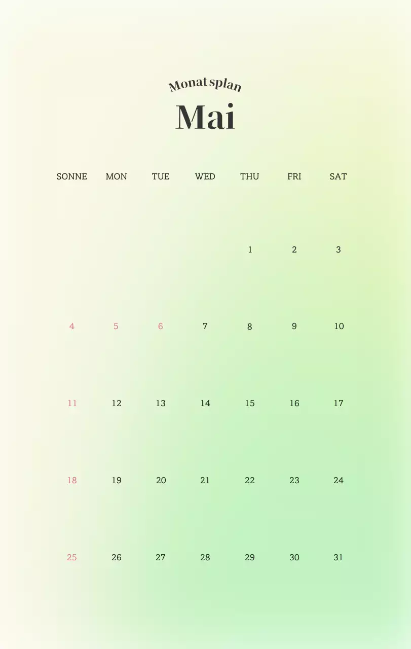 Minimalistischer Kalender mit Farbverlauf