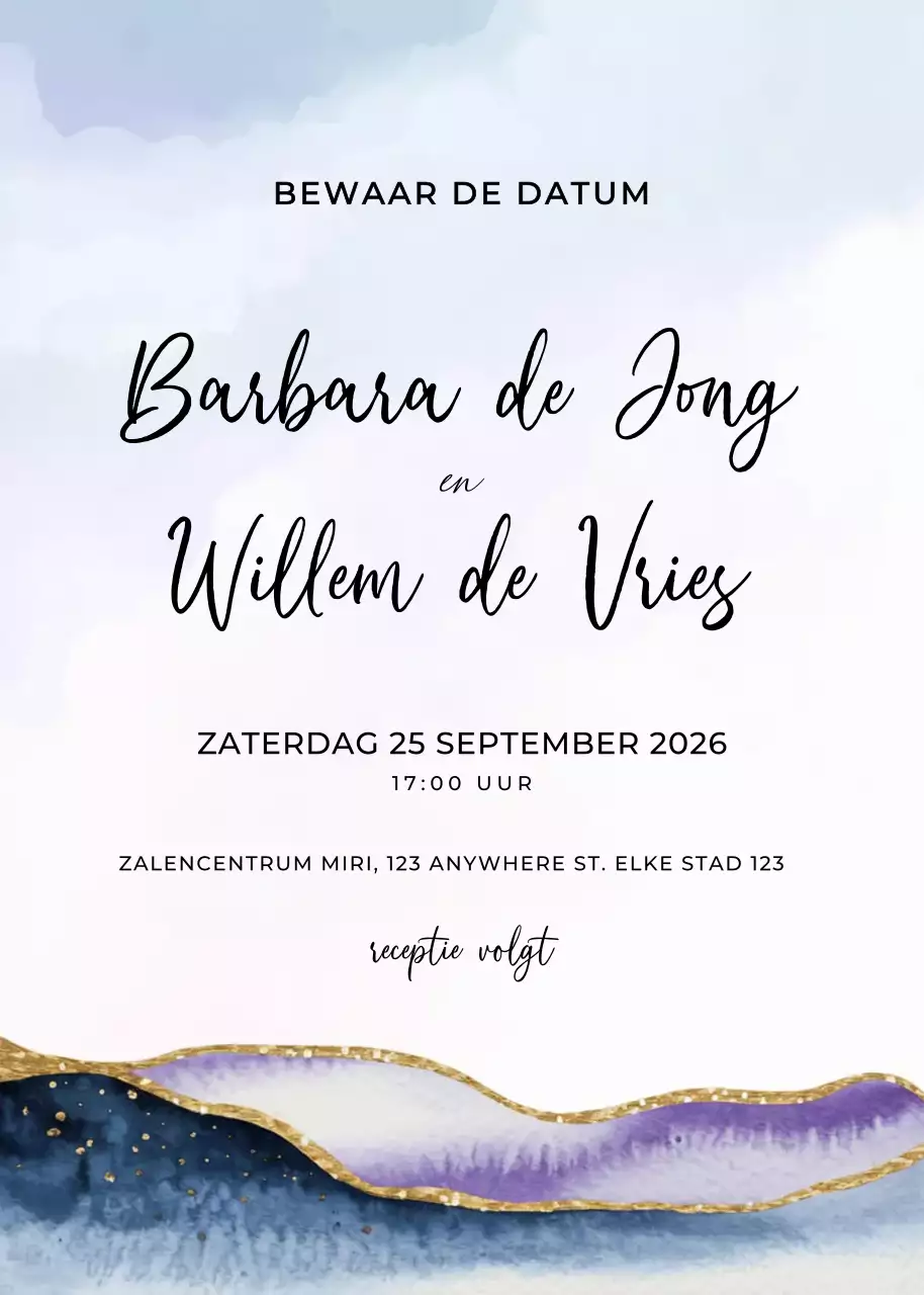 blauwe elegante huwelijksuitnodiging