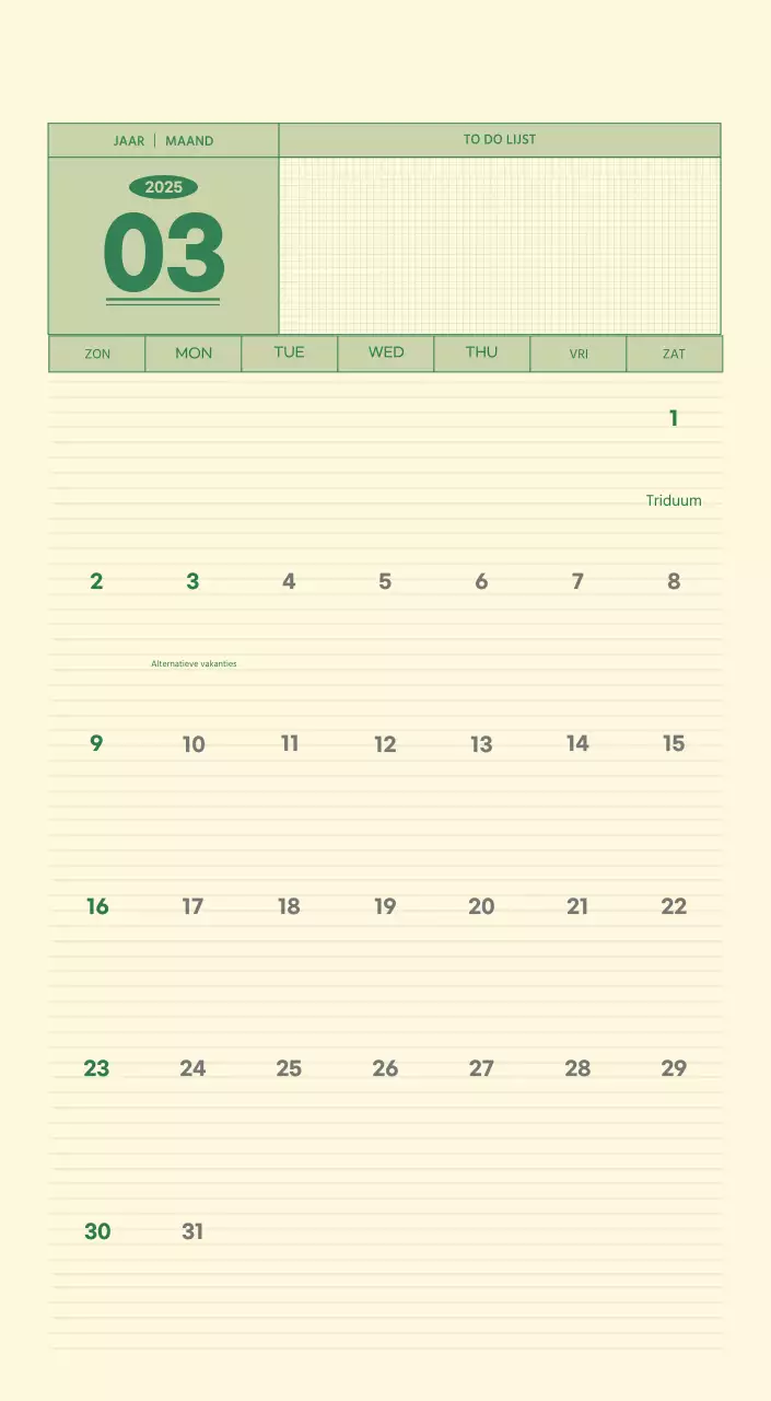 SAT D-Day notitieblok concept wandkalender in groen en lichtgeel