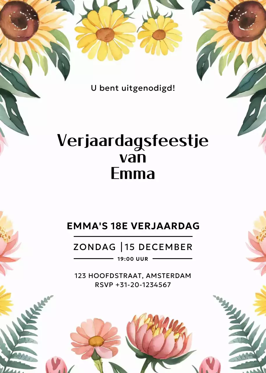 uitnodiging witte bloemen verjaardag