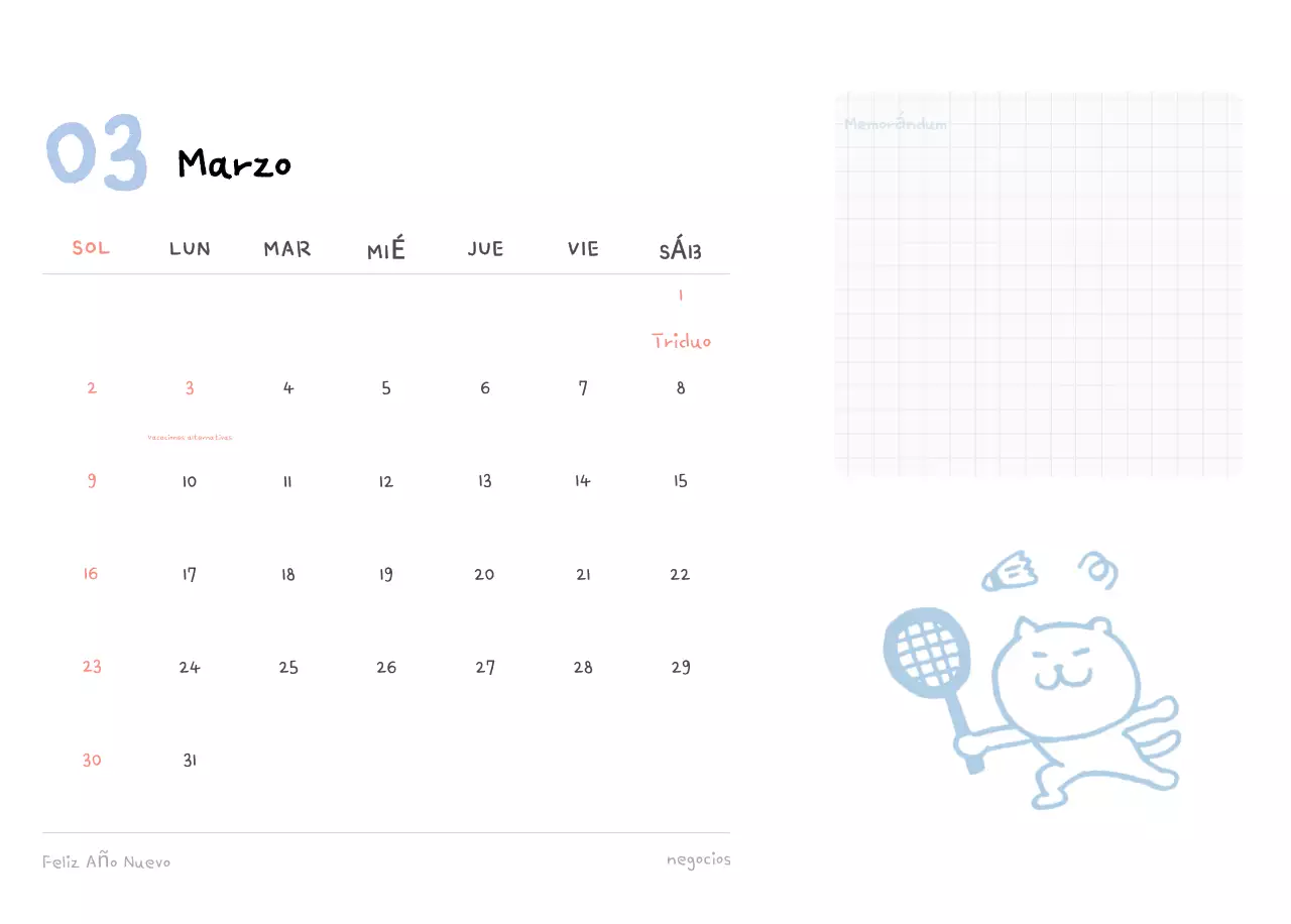 Calendario diario en marfil