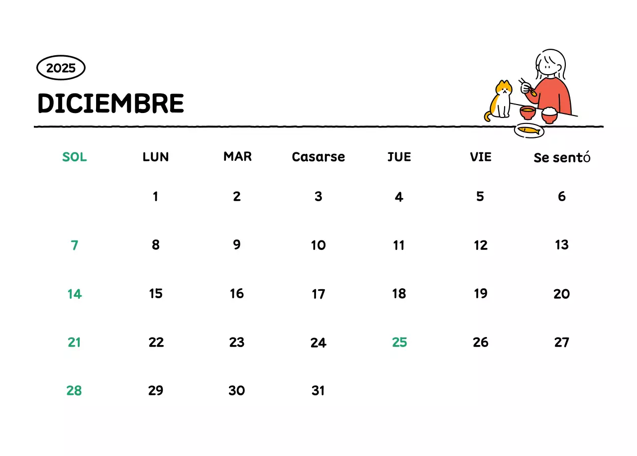 Calendario ilustrado con un bonito estilo de líneas