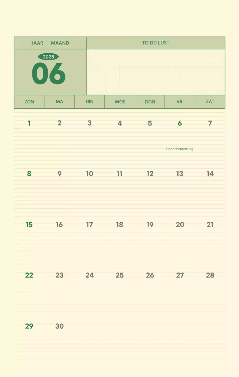SAT D-Day notitieblok concept wandkalender in groen en lichtgeel